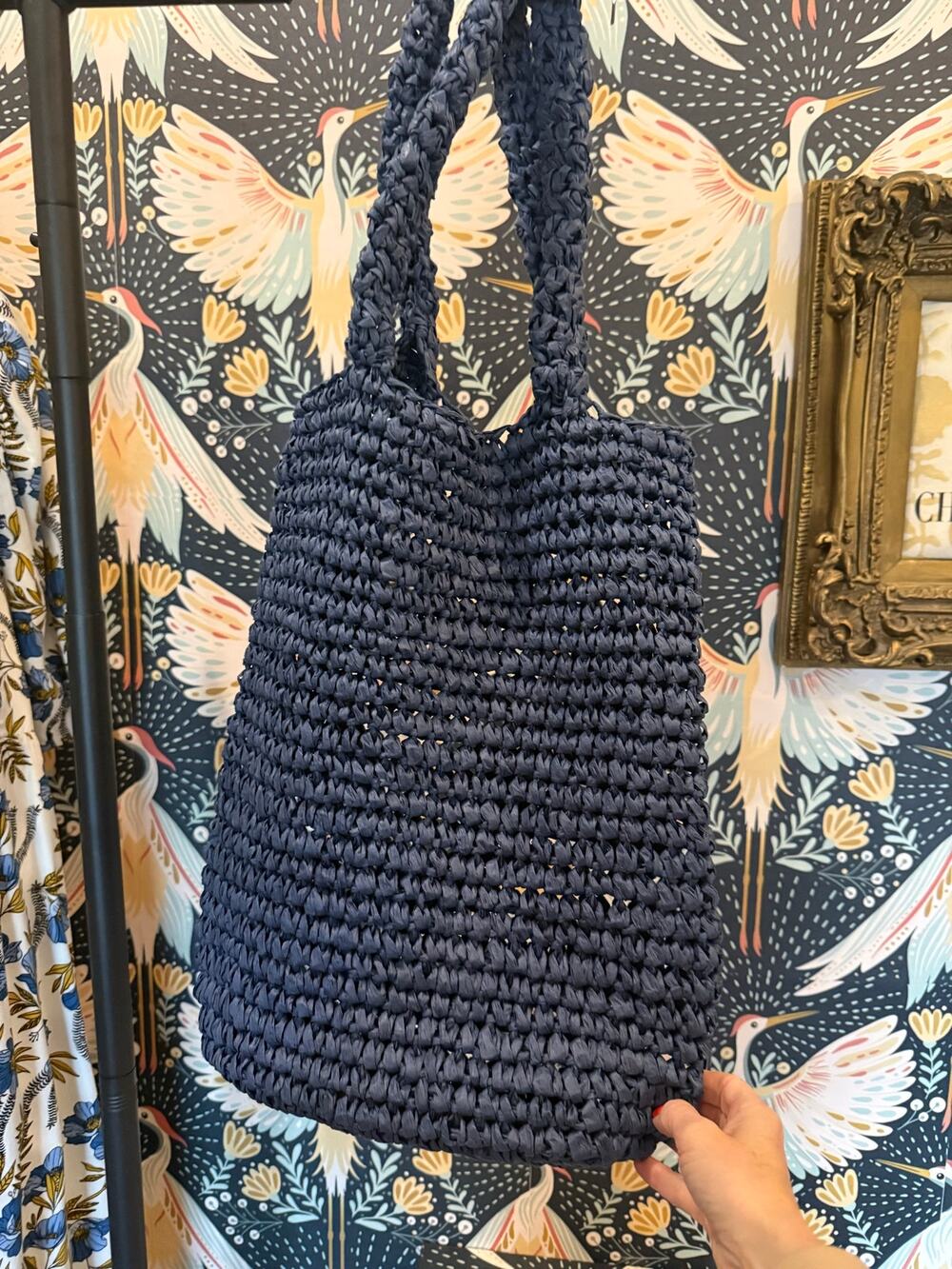 Club Monaco navy blue raffia tote
